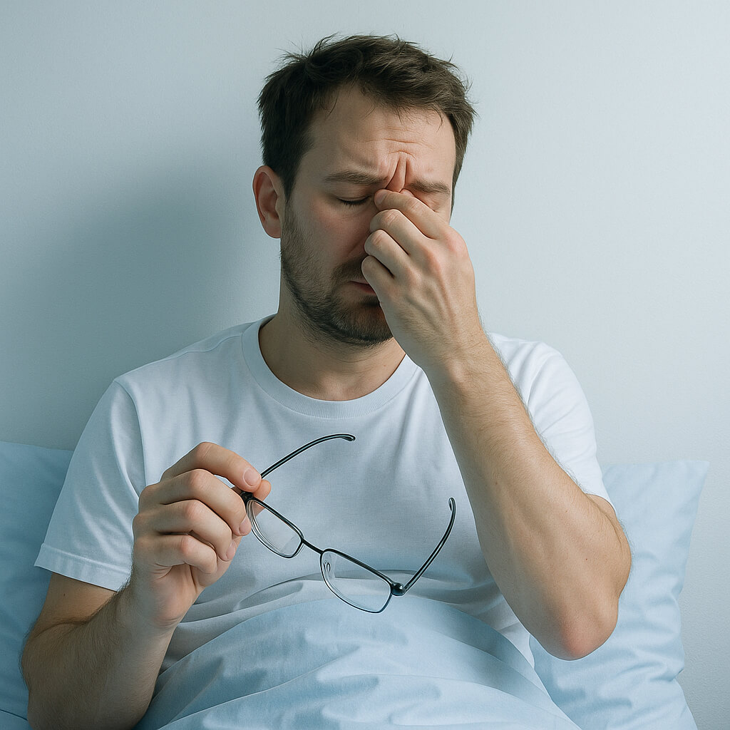 Людина перед сном тримає окуляри, втомлені очі, бажання бачити чітко