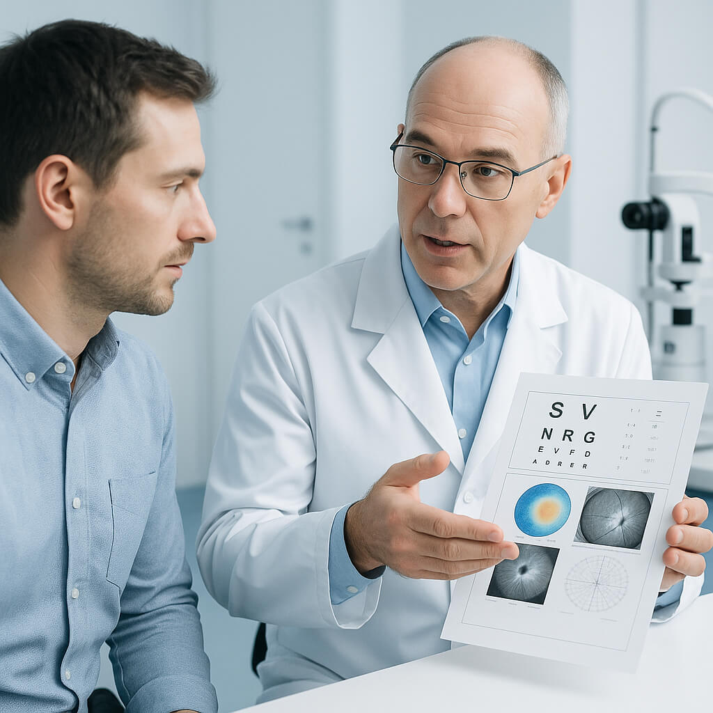 Пацієнт в офтальмологічному кабінеті отримує результати обстеження зору