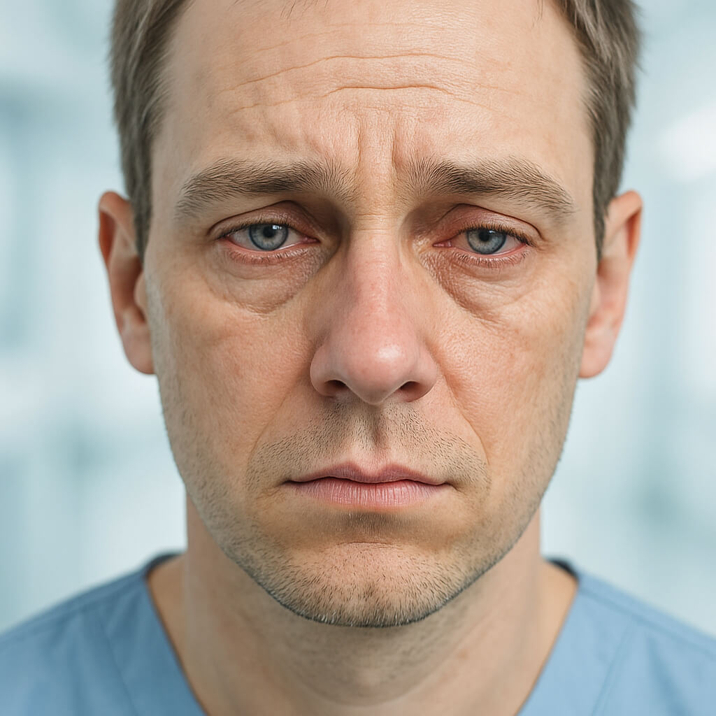 Людина торкається очей через сухість і подразнення, потребує корекції зору